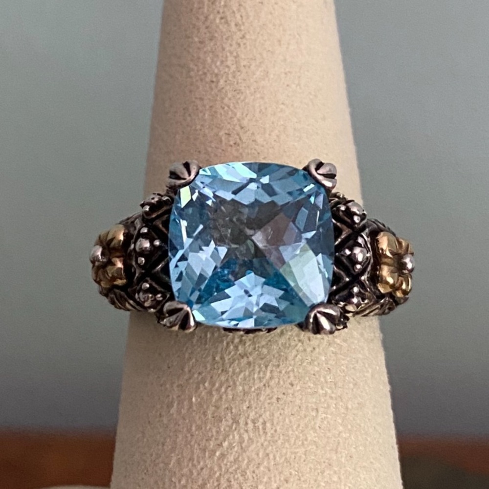 Barbara Bixby Blue Topaz Sterling 18kt gold ring sz 6.75.